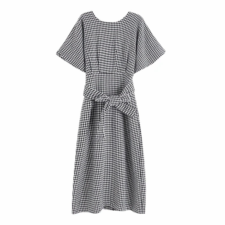 Ежедневна карирана дълга рокля с къс ръкав и връзки