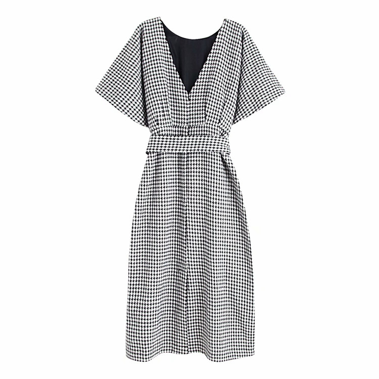 Ежедневна карирана дълга рокля с къс ръкав и връзки