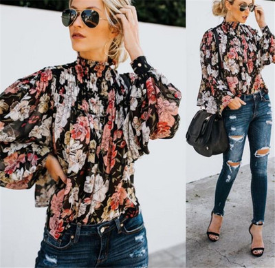 Стилна дамска блуза с дълъг ръкав и флорален десен
