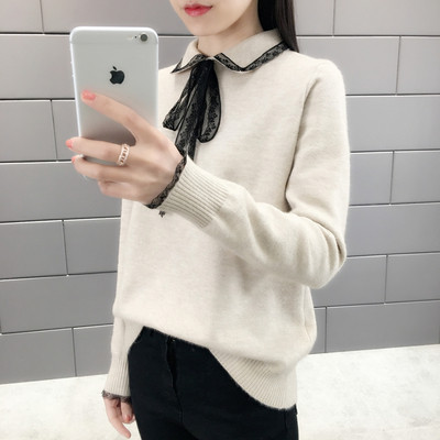 Дамски пуловер с елемент -дантела и класическа яка в няколко цвята