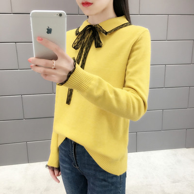 Дамски пуловер с елемент -дантела и класическа яка в няколко цвята