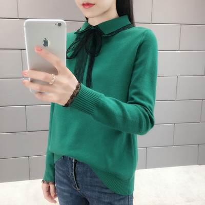 Дамски пуловер с елемент -дантела и класическа яка в няколко цвята