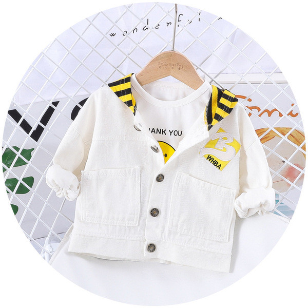 Нов модел детско яке за момчета с качулка и бродерия в бял и син цвят