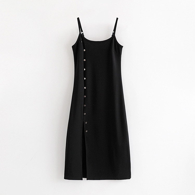 Дамска ежедневна рокля с тънки презрамки и копчета в черен цвят