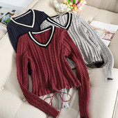 Ежедневен дамски пуловер с V-образно деколте и връзки в различни цветове