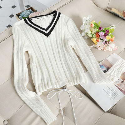 Ежедневен дамски пуловер с V-образно деколте и връзки в различни цветове