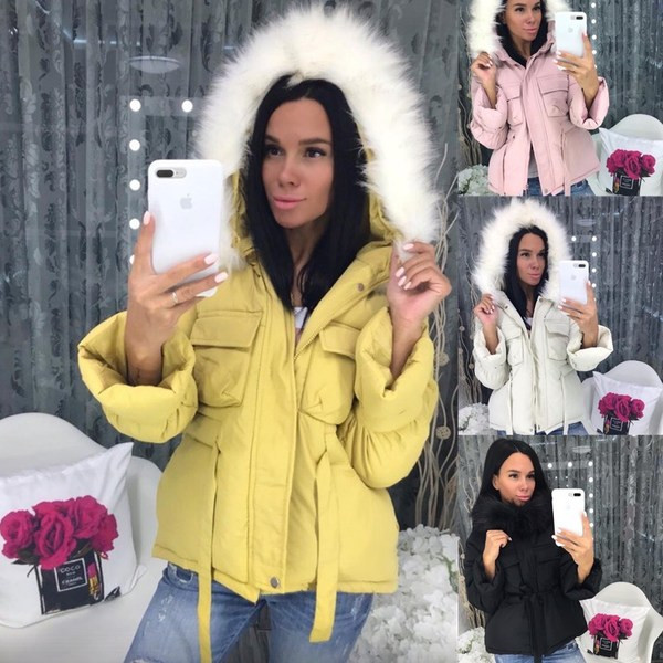 Модерно дамско яке с джобове и пух на качулката в няколко цвята