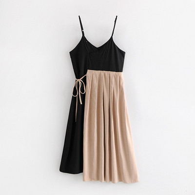 Дамска рокля с тънки презрамки с връзки на талията - разкроен модел