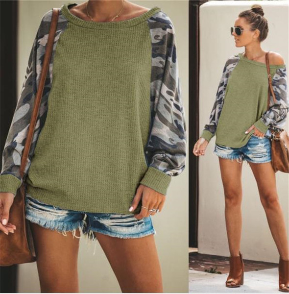 Модерна дамска блуза с дълъг ръкав в три цвята и камуфлажен десен 