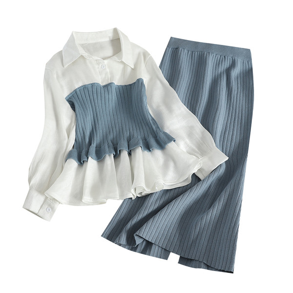 Модерен дамски комплект от две части в черен и син цвят