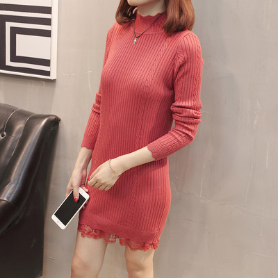 Актуална дамска зимна рокля с елемент -дантела в няколко различни цвята