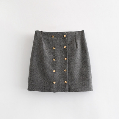 Къса дамска пола с копчета и висока талия в сив цвят