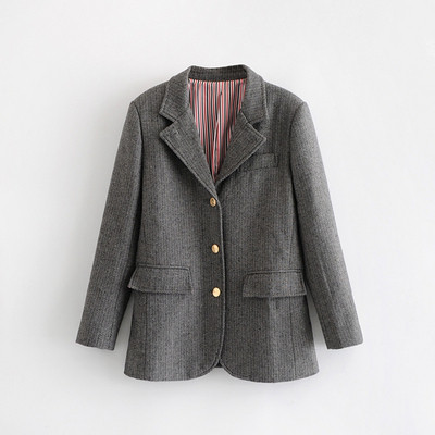 Дамско сако с дълъг ръкав в сив цвят с копчета и джобове