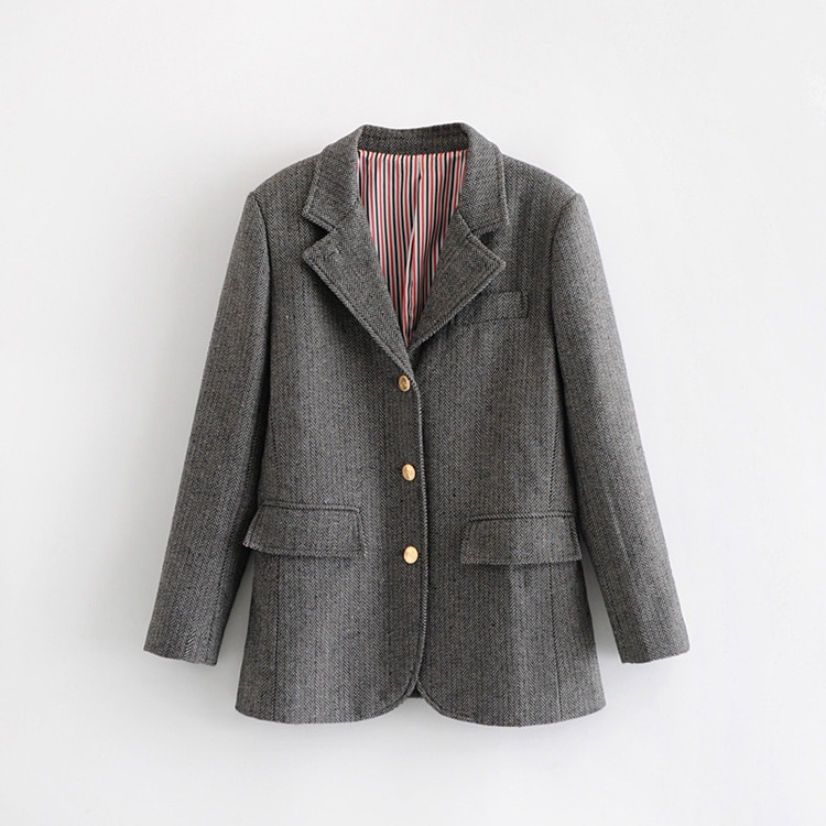 Дамско сако с дълъг ръкав в сив цвят с копчета и джобове 