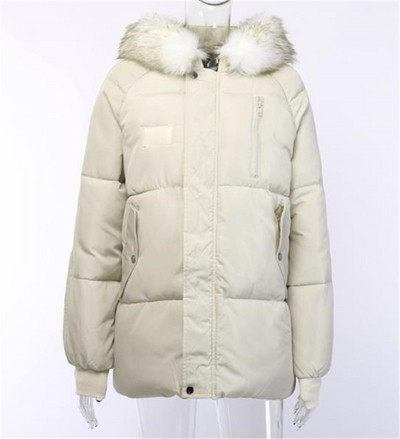 Дамско модерно яке с качулка и пух в бежов цвят