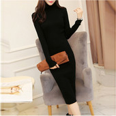 Модерна дамска зимна рокля с висока поло яка в черен и син цвят