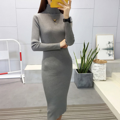 Есенно-зимна дамска рокля с висока поло яка в няколко различни цвята