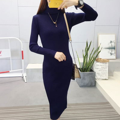 Есенно-зимна дамска рокля с висока поло яка в няколко различни цвята