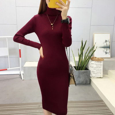 Есенно-зимна дамска рокля с висока поло яка в няколко различни цвята