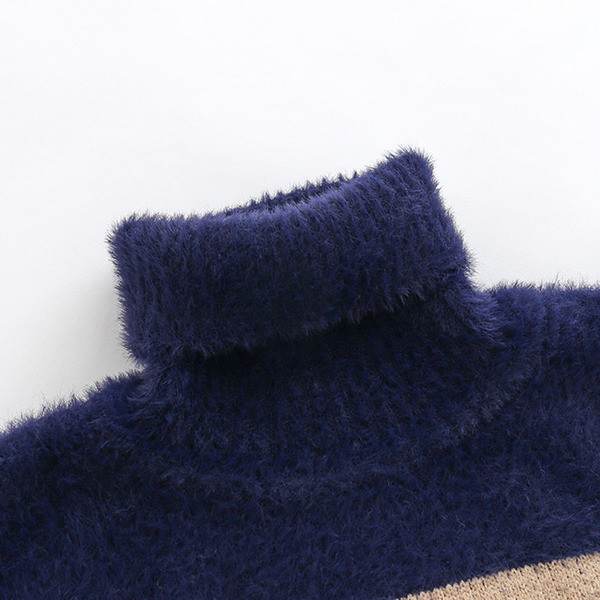 Нов модел детски пуловер с висока яка за момчета в син и кафяв цвят