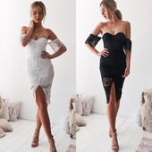 Елегантна дамска дантелена рокля с паднали ръкави и дълбоко деколте в бял и черен цвят