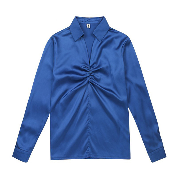 Модерна дамска риза в черен и син цвят с V-образно деколте