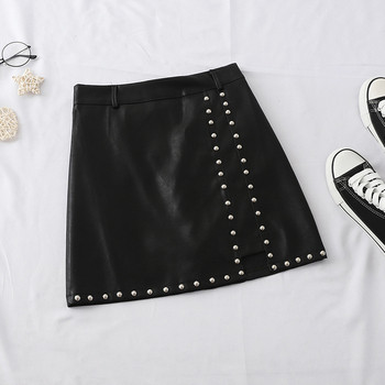 Актуална дамска пола от еко кожа с метални елементи в няколко цвята