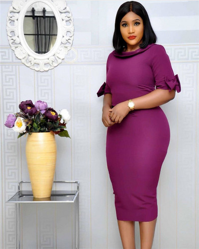 Стилна дамска рокля с 3/4 ръкав и обло деколте в три цвята