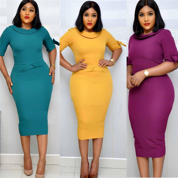 Стилна дамска рокля с 3/4 ръкав и обло деколте в три цвята