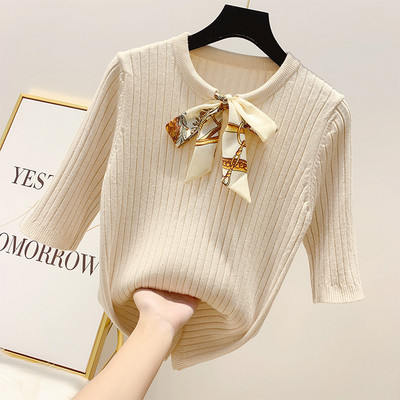 Модерен дамски пуловер с 3/4 ръкав и панделка в четири цвята