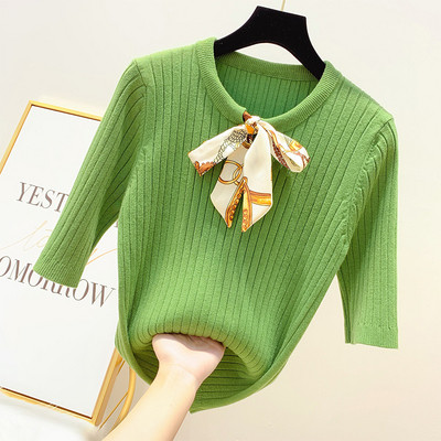 Модерен дамски пуловер с 3/4 ръкав и панделка в четири цвята