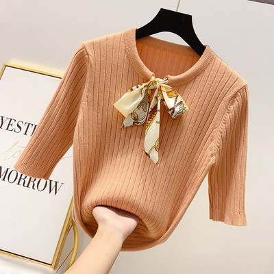 Модерен дамски пуловер с 3/4 ръкав и панделка в четири цвята