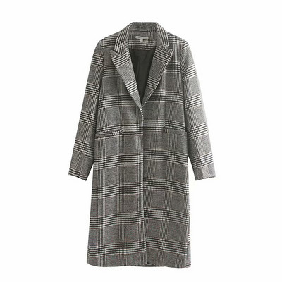Елегантно дълго карирано палто с копче и дълъг ръкав
