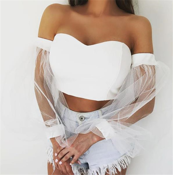 Нов модел дамска блуза с ръкави от тюл в черен и бял цвят