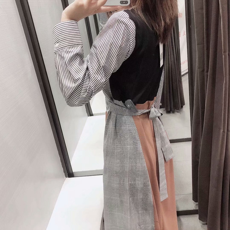 Ежедневна дамска рокля с дълъг ръкав и ластична талия с връзки