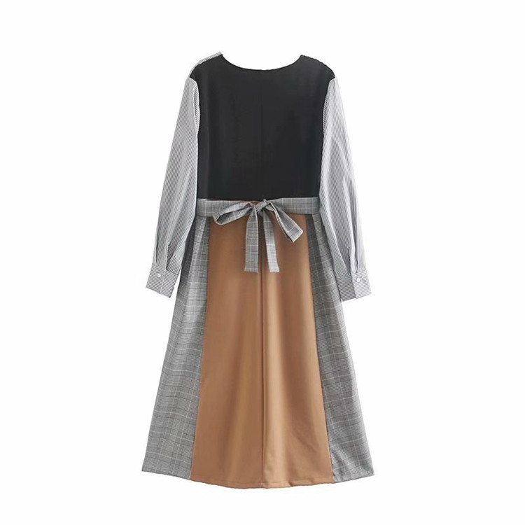 Ежедневна дамска рокля с дълъг ръкав и ластична талия с връзки