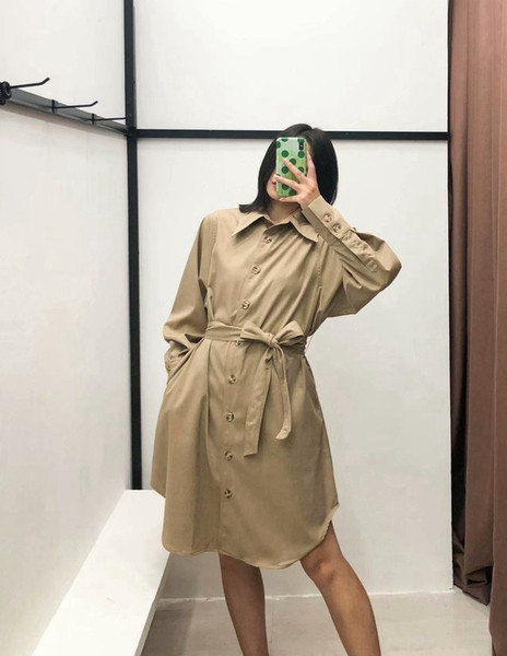 Дамска ежедневна рокля с копчета и връзки в бежов цвят