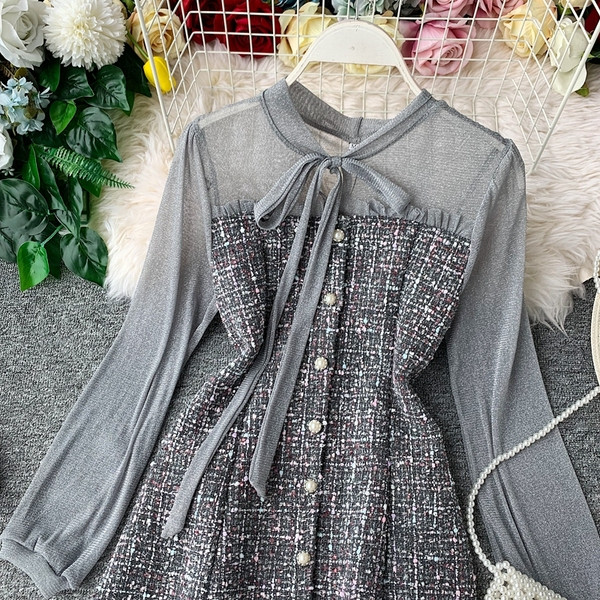 Стилна дамска рокля с панделка в сив и черен цвят