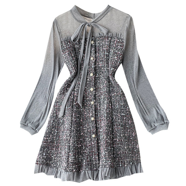 Стилна дамска рокля с панделка в сив и черен цвят
