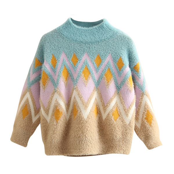 Нов модел детски пуловер с висока яка и шарка за момичета