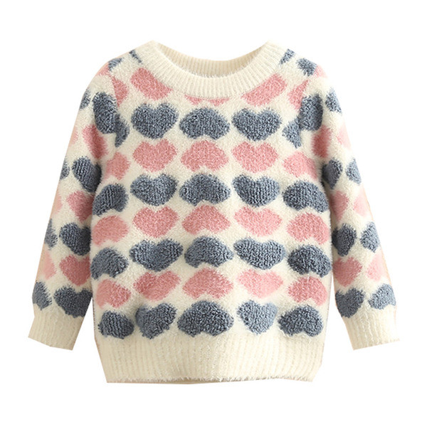 Модерен детски пуловер с О-образно деколте и сърца за момичета