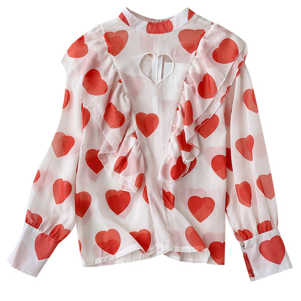 Модерна дамска риза със сърца в бял цвят