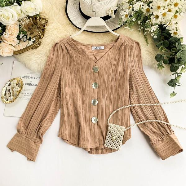 Модерна дамска риза с дълъг ръкав и копчета в четири цвята