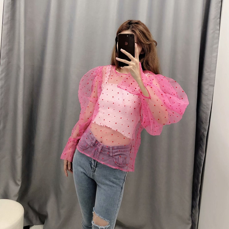Дамска прозрачна блуза от тюл в розов цвят на точки 