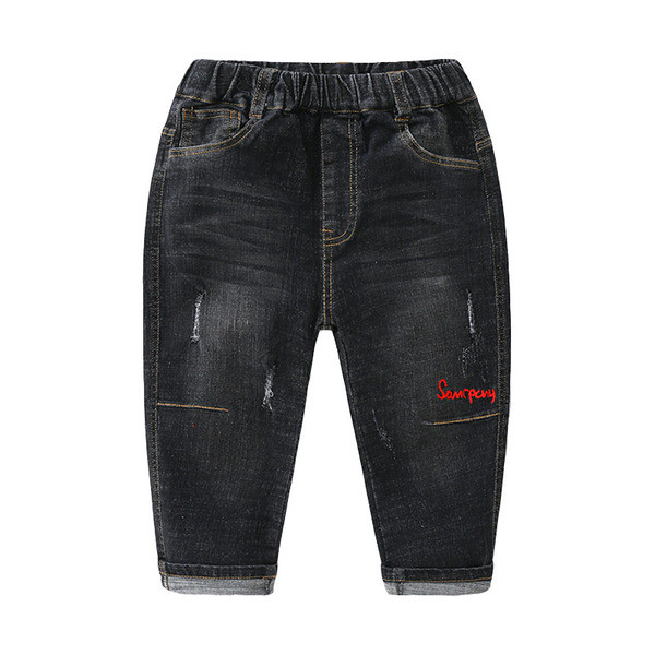 Нов модел детски дънки за момчета с бродерия в син и черен цвят