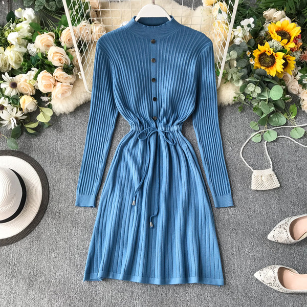Ежедневна дамска рокля с дълъг ръкав копчета и връзки в различни цветове