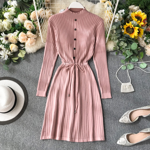 Ежедневна дамска рокля с дълъг ръкав копчета и връзки в различни цветове