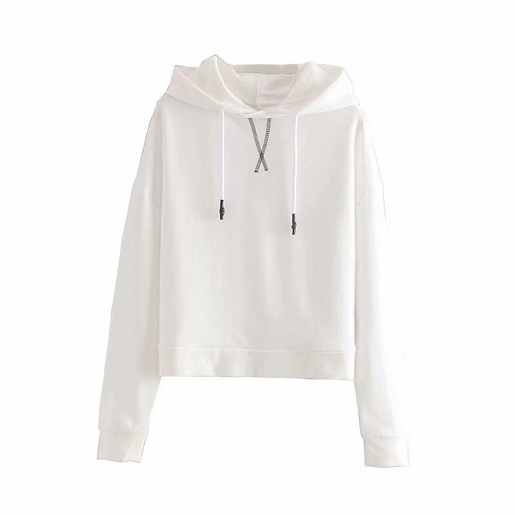 Дамски суичър с качулка и връзки в бял цвят