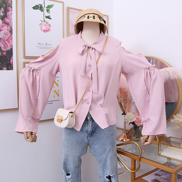 Нов модел актуална дамска риза с връзки и широк ръкав в няколко цвята