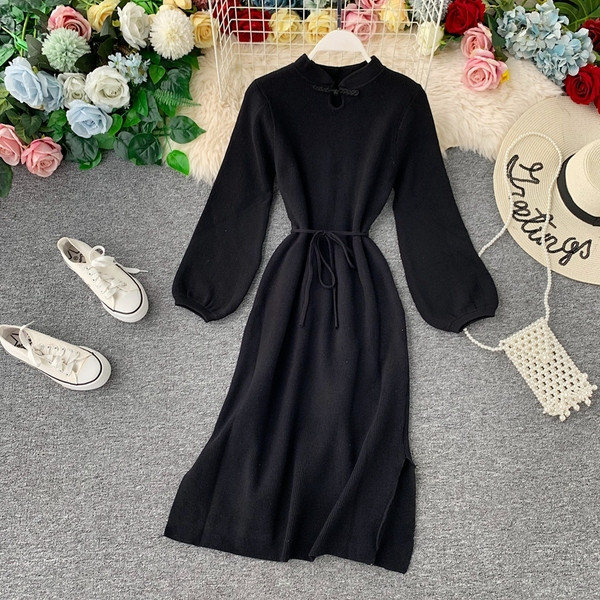 Есенна дамска рокля от тънко плетиво и връзки на талията в няколко цвята